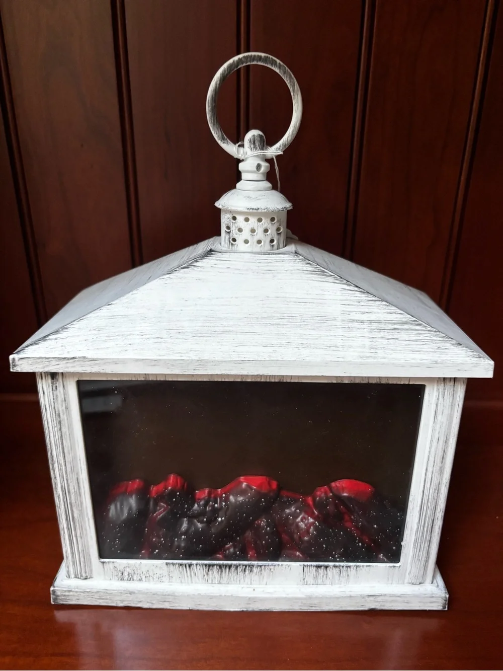 A Cheerful Giver Flameless White Fireplace Lantern distressed white finish .